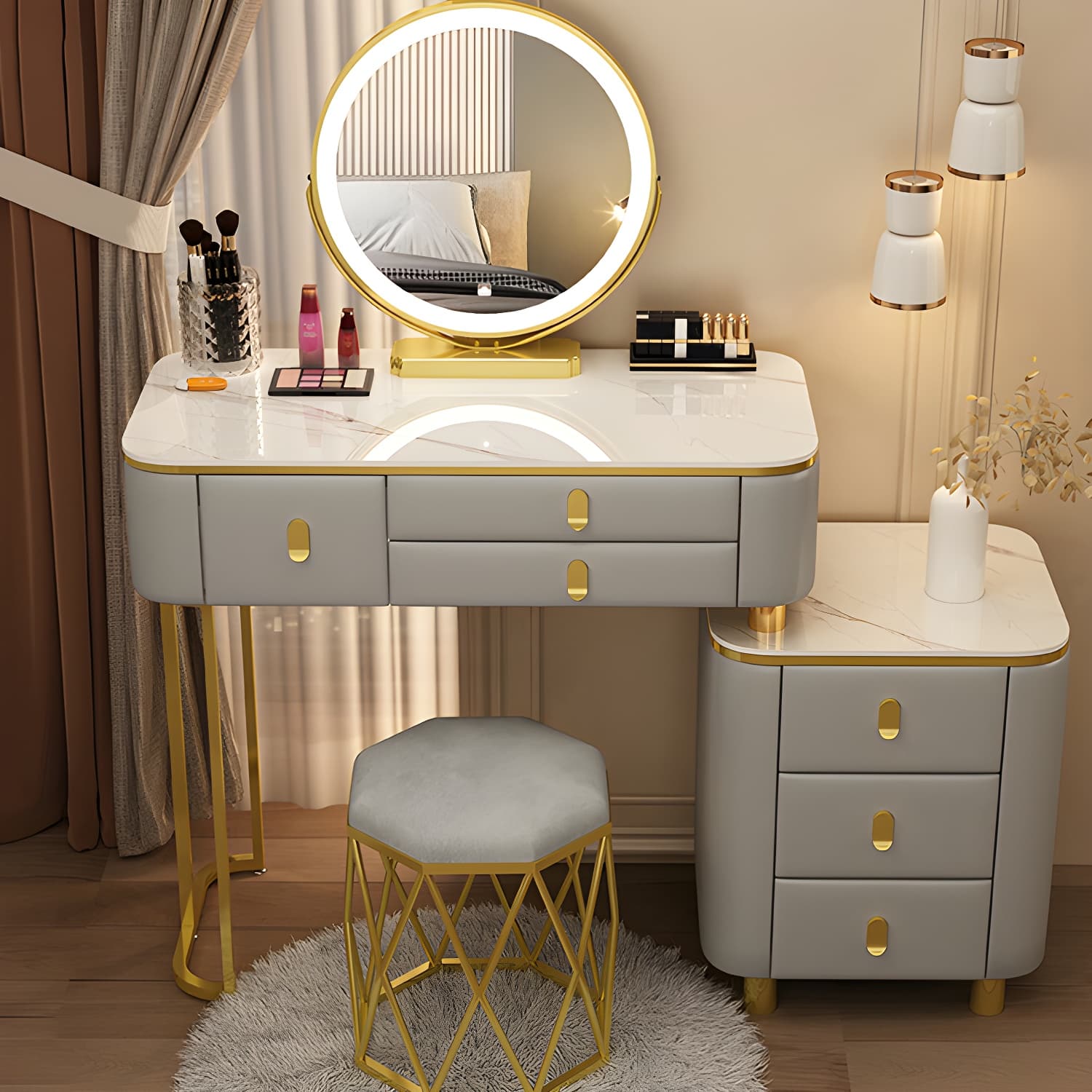 Luxurious Stone Top Vanity Dressing Table with 6 Drawers for Bedroom thumbnail 6