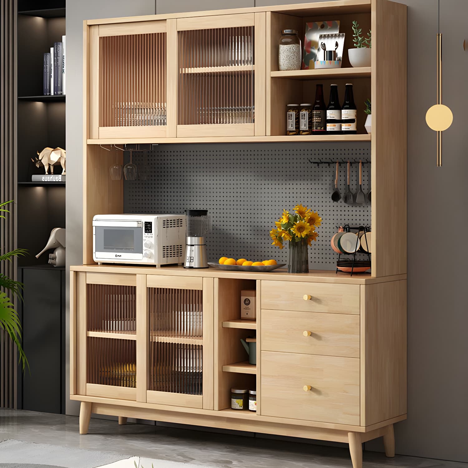 Modern Style Solid Wood Storage Sideboard Cabinet with Glass Doors and Drawers thumbnail 8