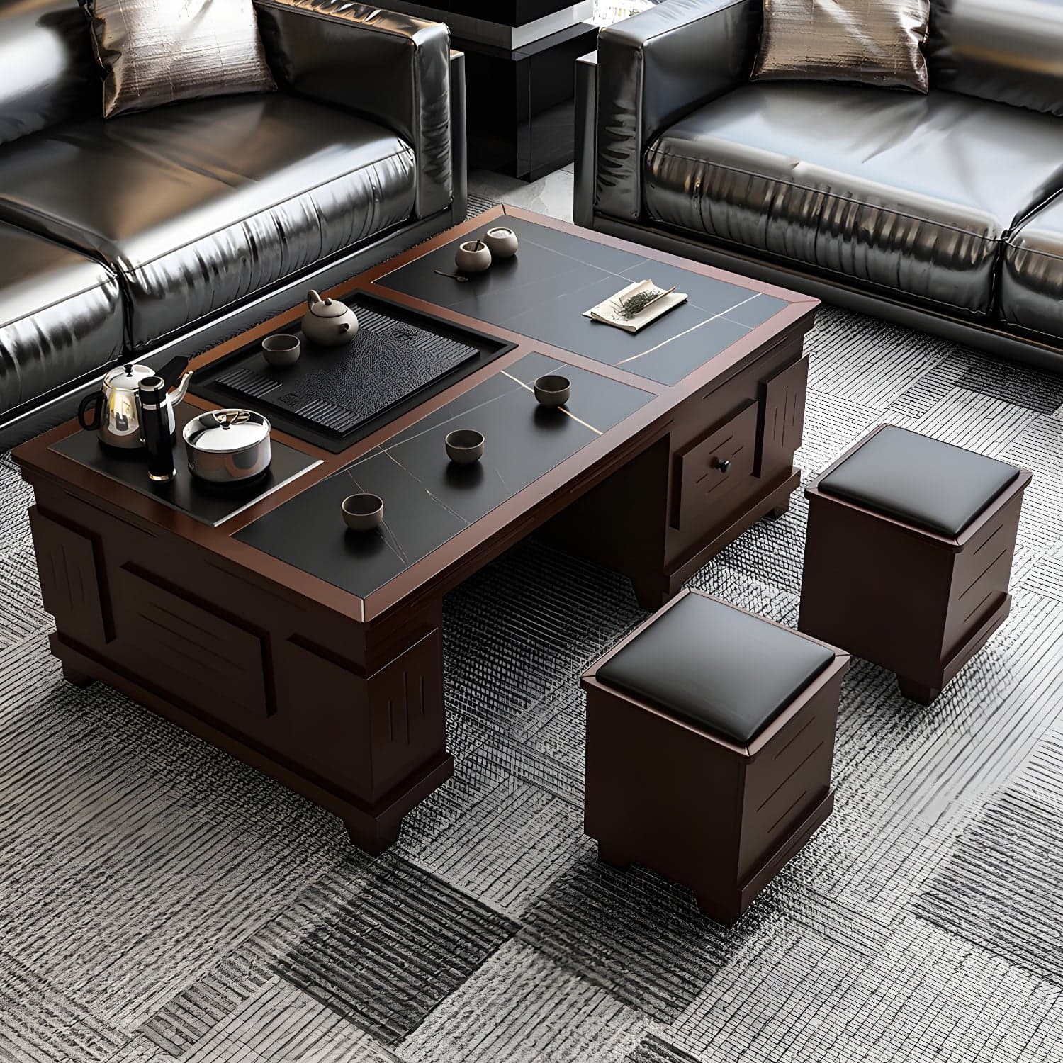 Abstract Slate Coffee Cocktail Table with Storage Drawers Rectangle thumbnail 5