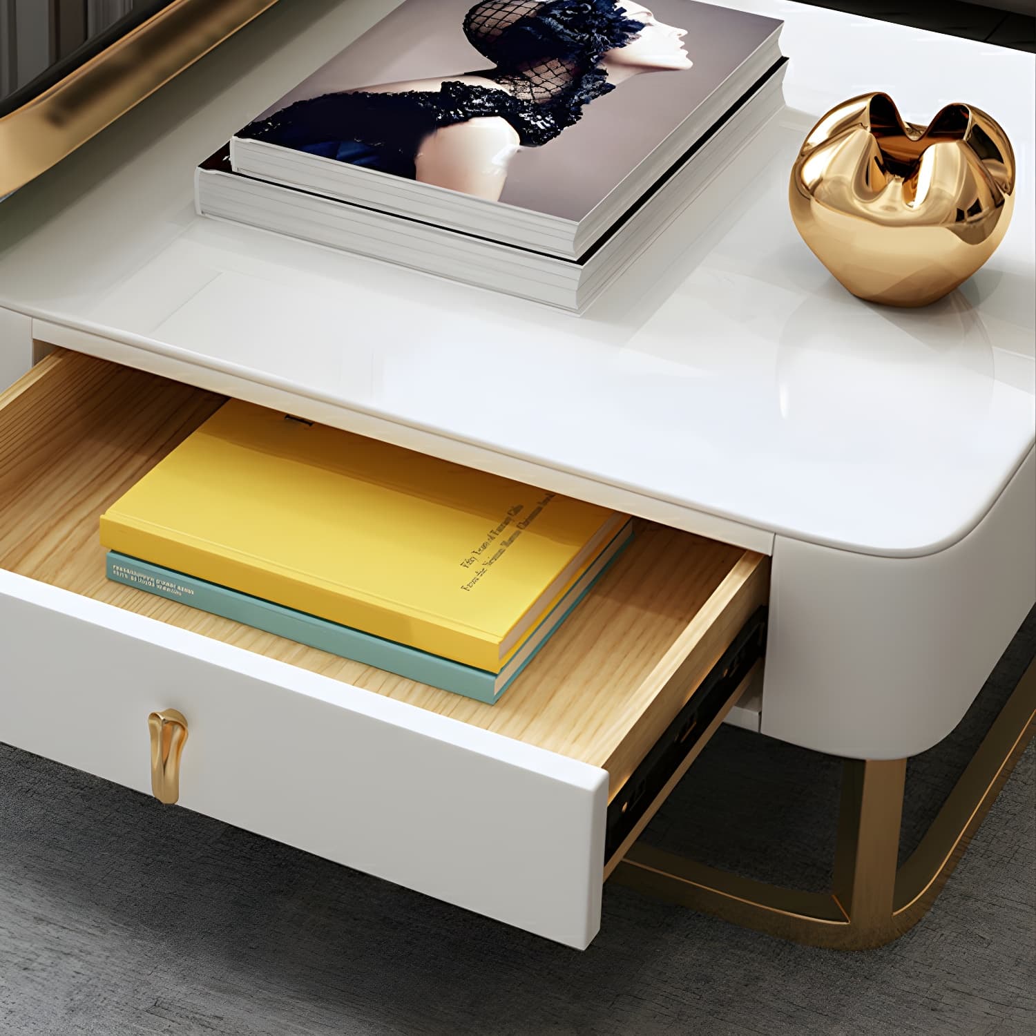 Glam Style Square Coffee Table with Drawer in Metal Frame Base thumbnail 8