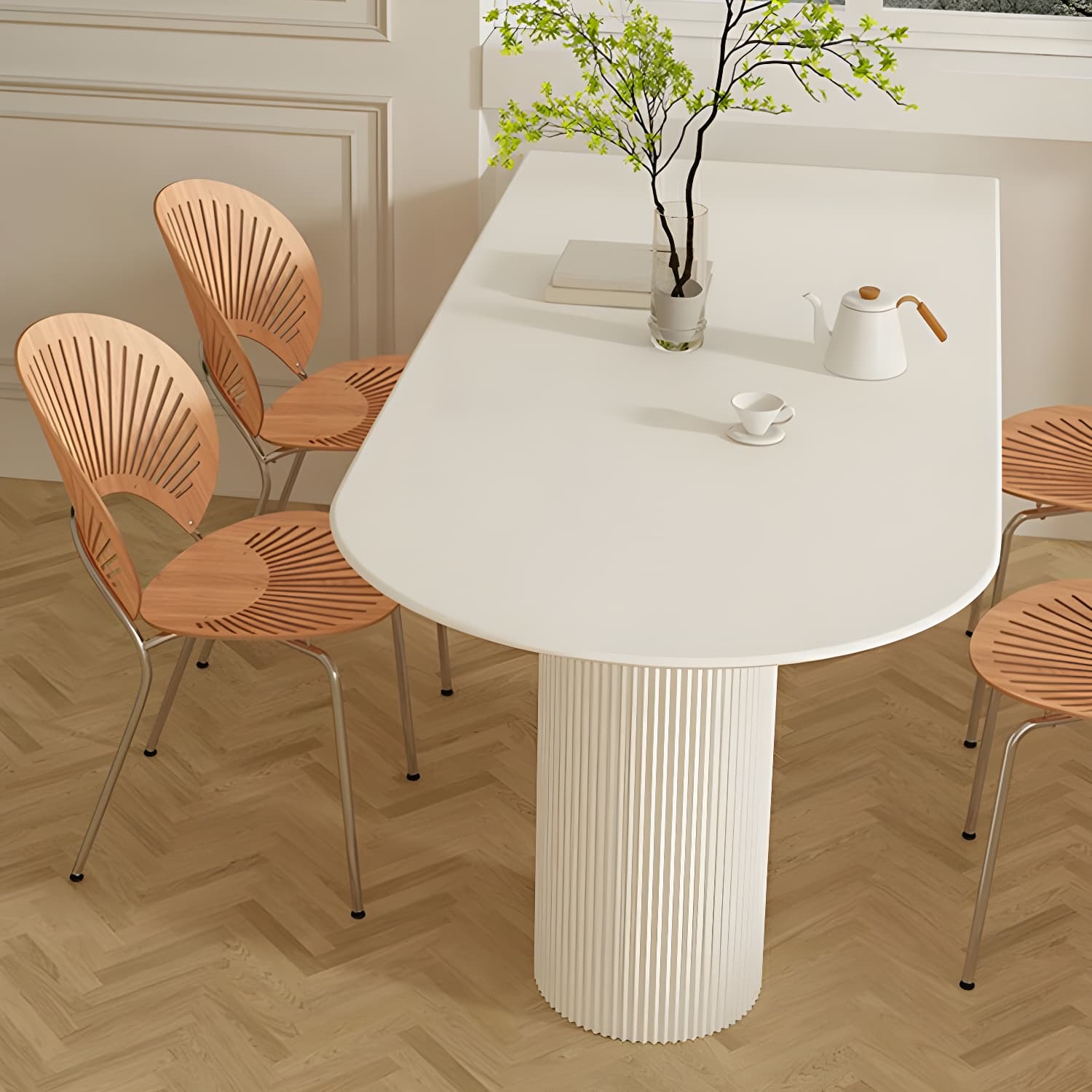 Stylish White Stone Kitchen & Dining Table with Adjoining Pedestal Base thumbnail 7