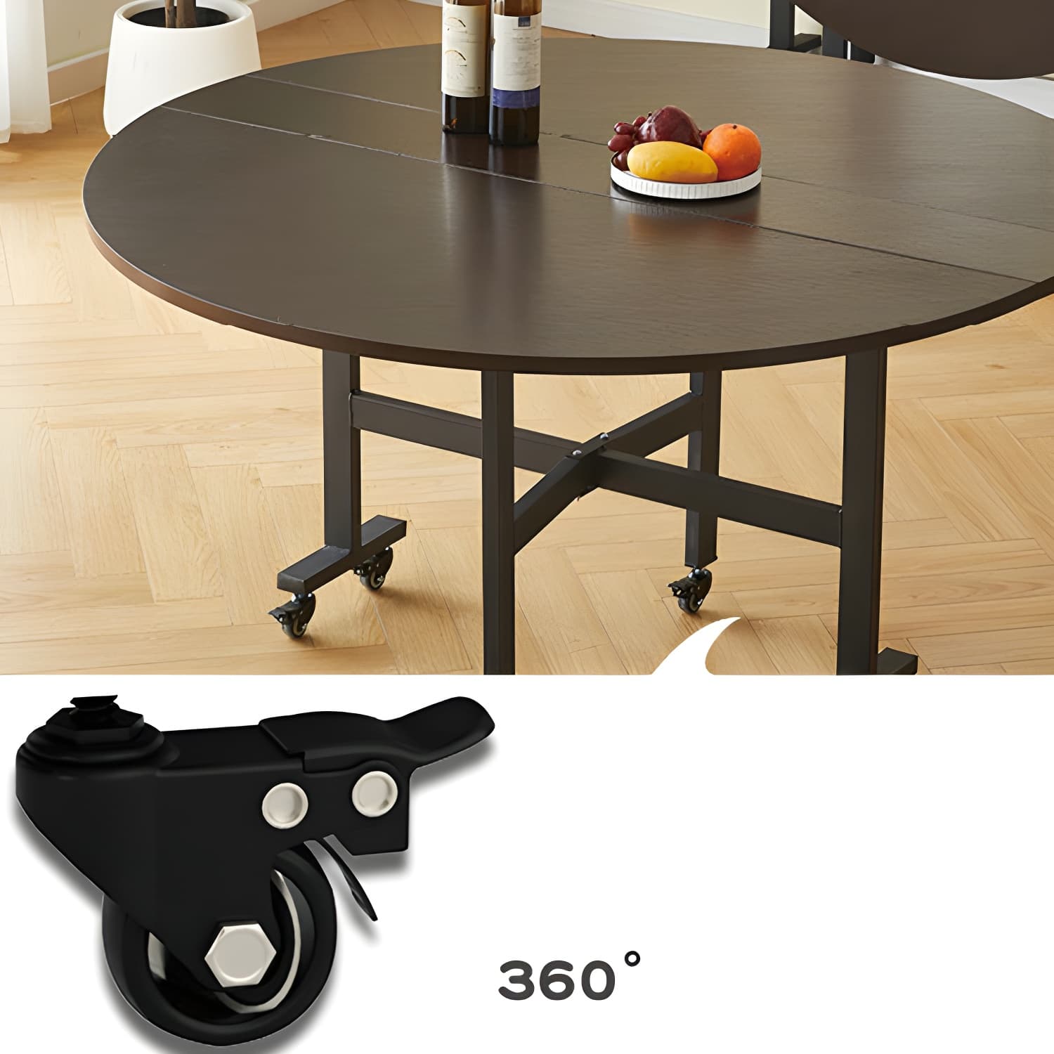 Modern Foldable Manufactured Wood Round Top Dining Table with Movable Steel Black Trestle thumbnail 8