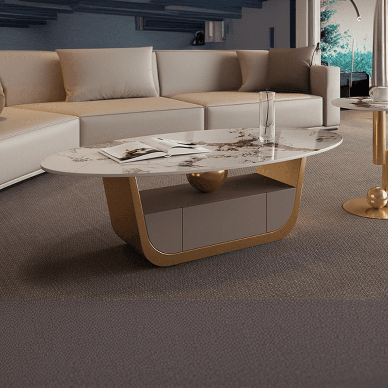 Glamorous Oblong Stone Coffee Table with Abstract Base, Scratch-proof and Drawer for Small Spaces thumbnail 2