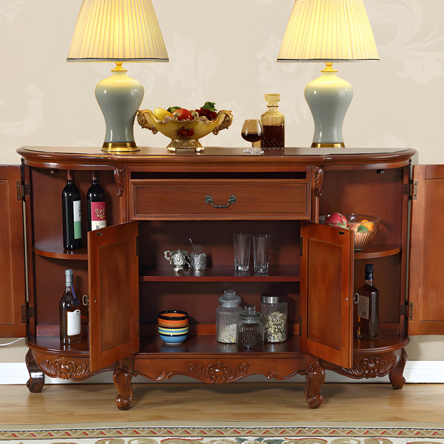 Traditional Style Wood Sideboard Credenza with 4 Cabinets and Drawers and 3 Interior Shelves thumbnail 3