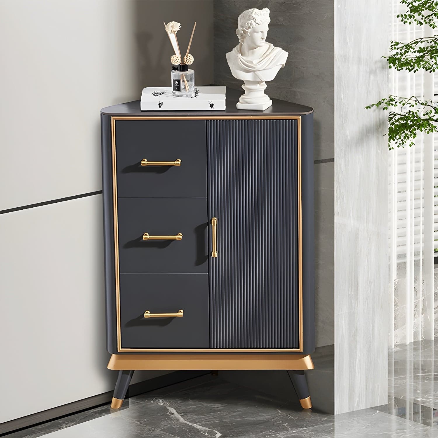 Glam Corner Accent Cabinet with Black Stone Countertop and Wood Base for Small Spaces thumbnail 2