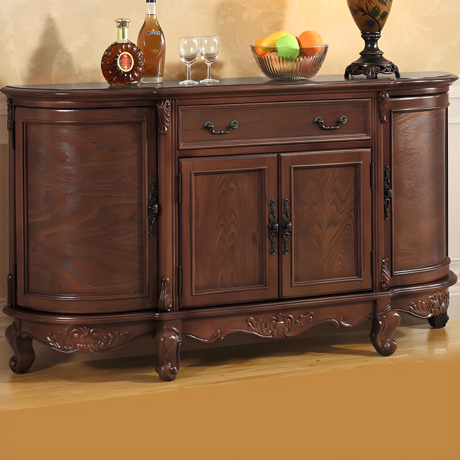 Traditional Style Wood Sideboard Credenza with 4 Cabinets and Drawers and 3 Interior Shelves thumbnail 9