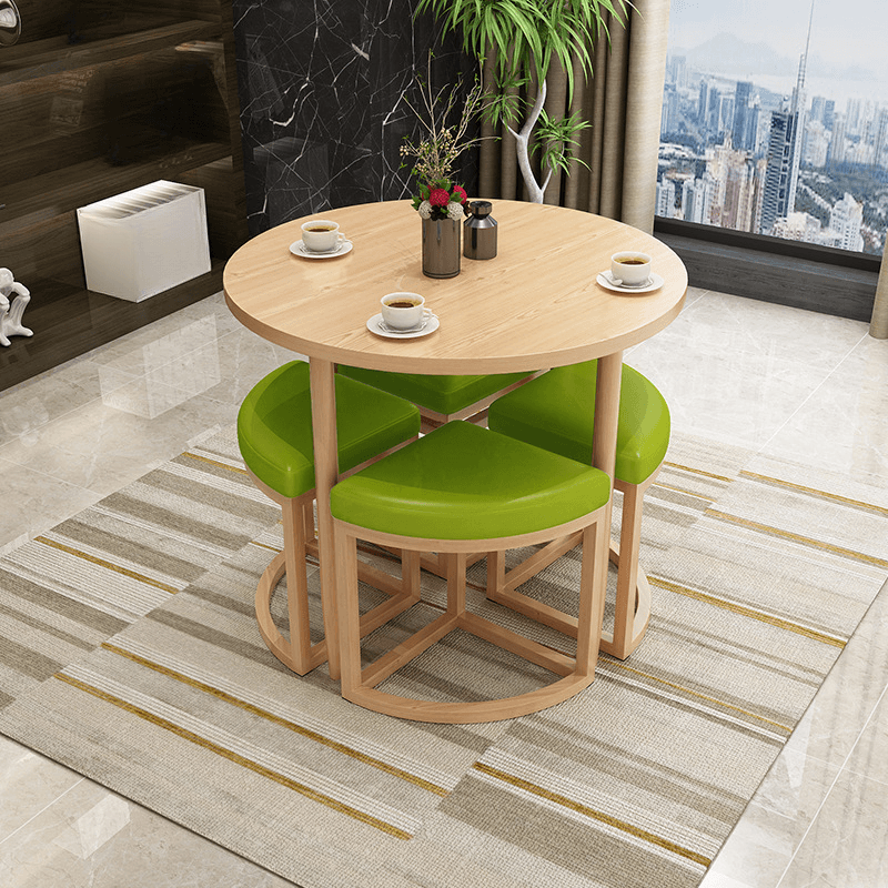 Reclaimed Wood Round Dining Table Set with Metal Toboggan Base and Upholstered Backless Chairs for 4 People thumbnail 20