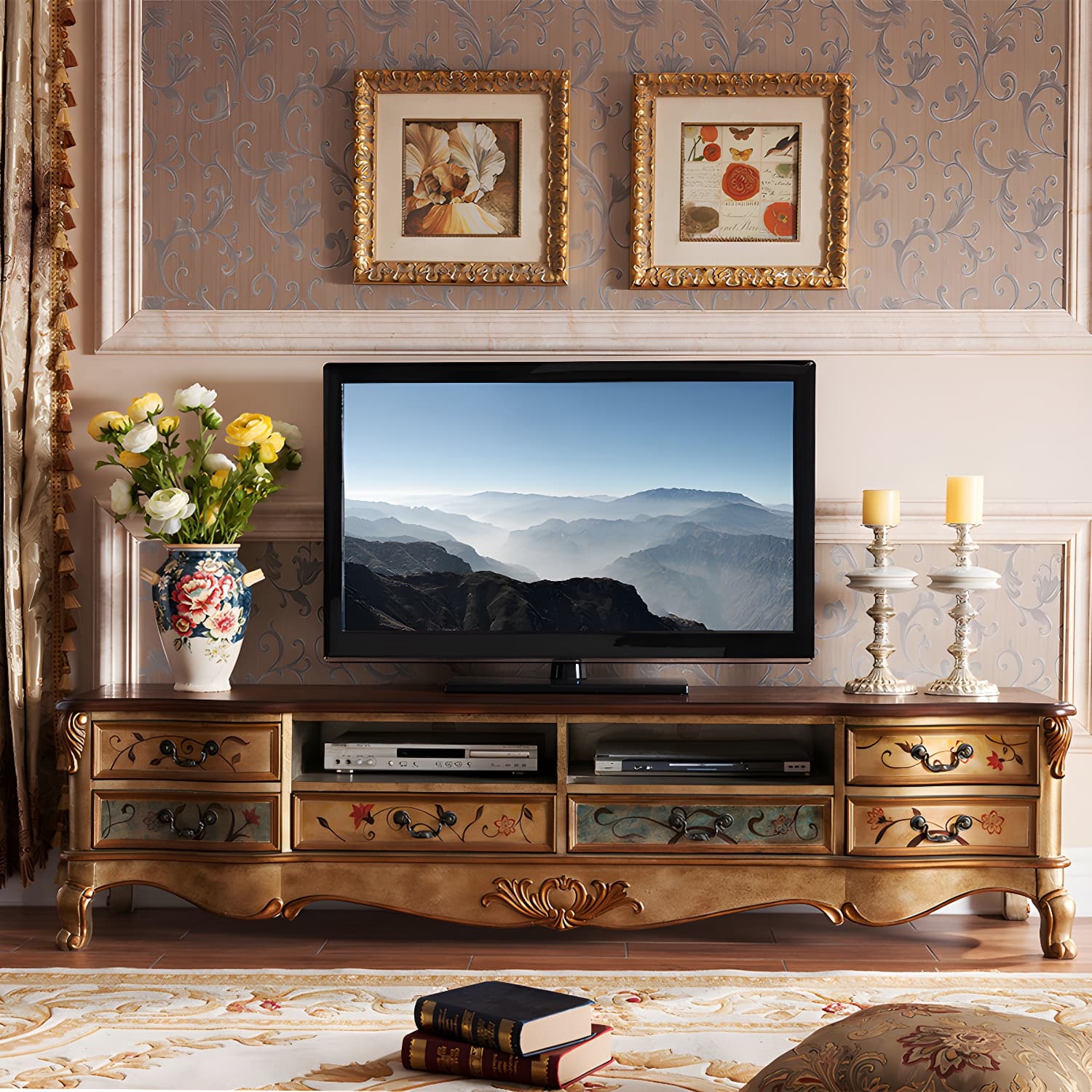 Vintage Birch Wood Media Console Matte Finish TV Media Stand with Drawers and Open Storage thumbnail 2