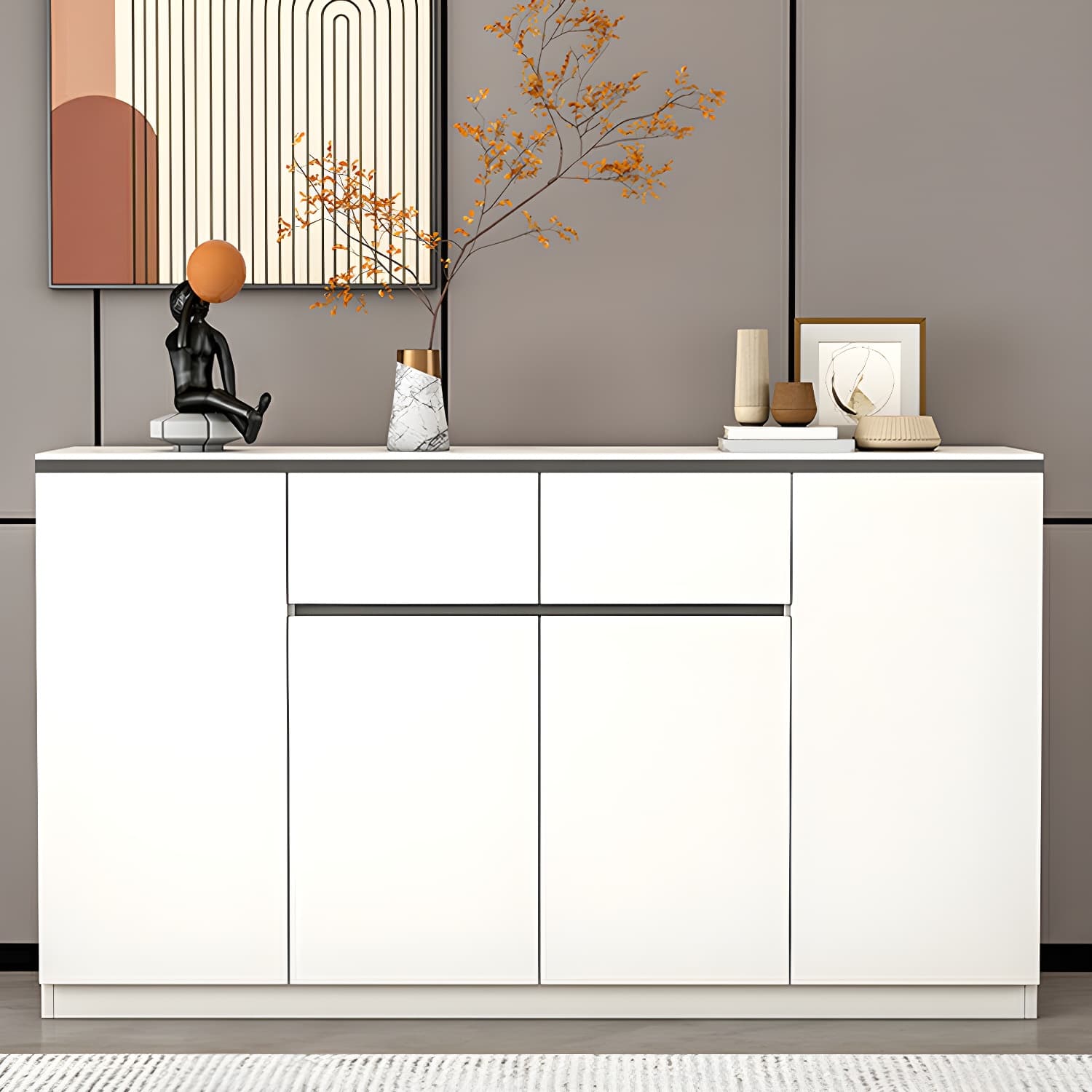 Modern Wood Sideboard Credenza with Drawers and Cabinets - Stone Countertop - image 3