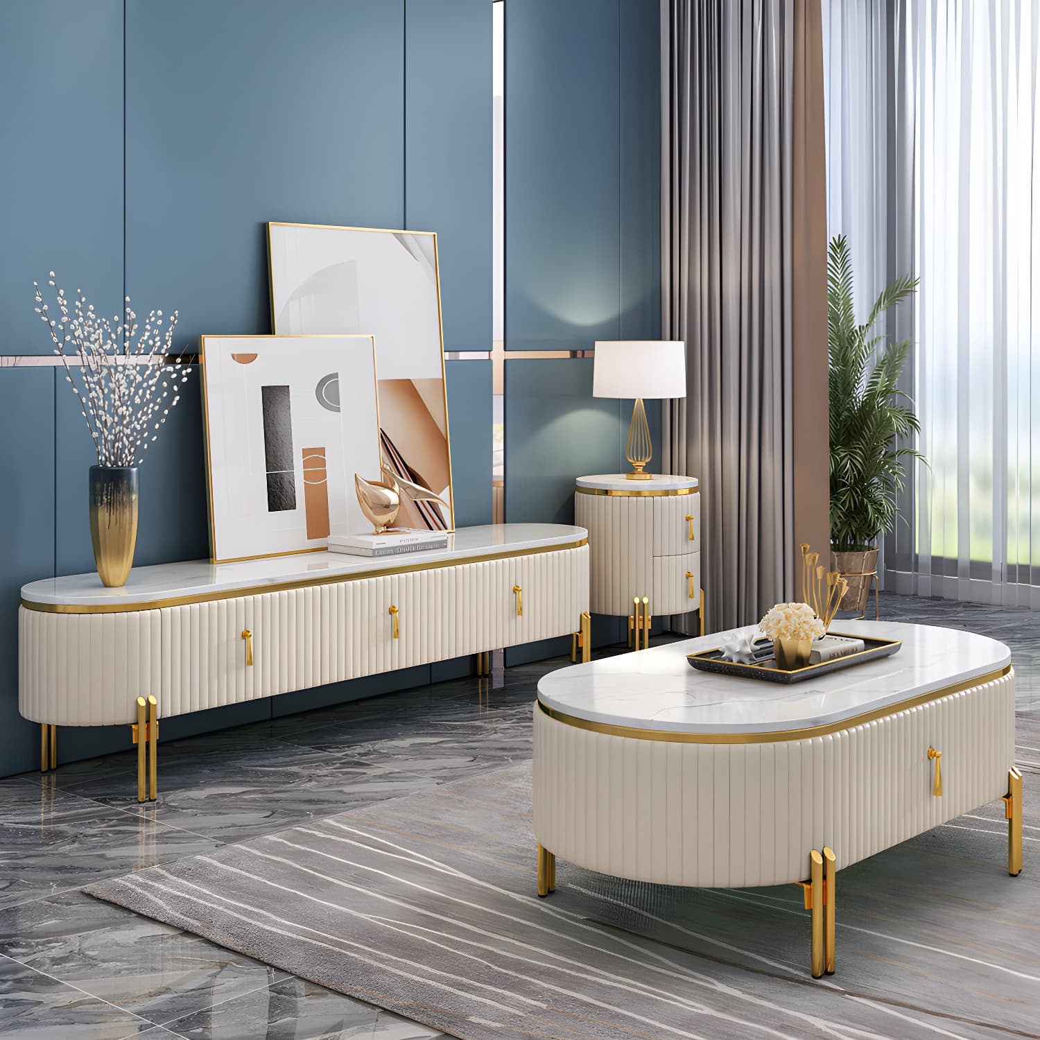 White TV Cabinet Modern Style TV Stand with Storage for Living Room thumbnail 3
