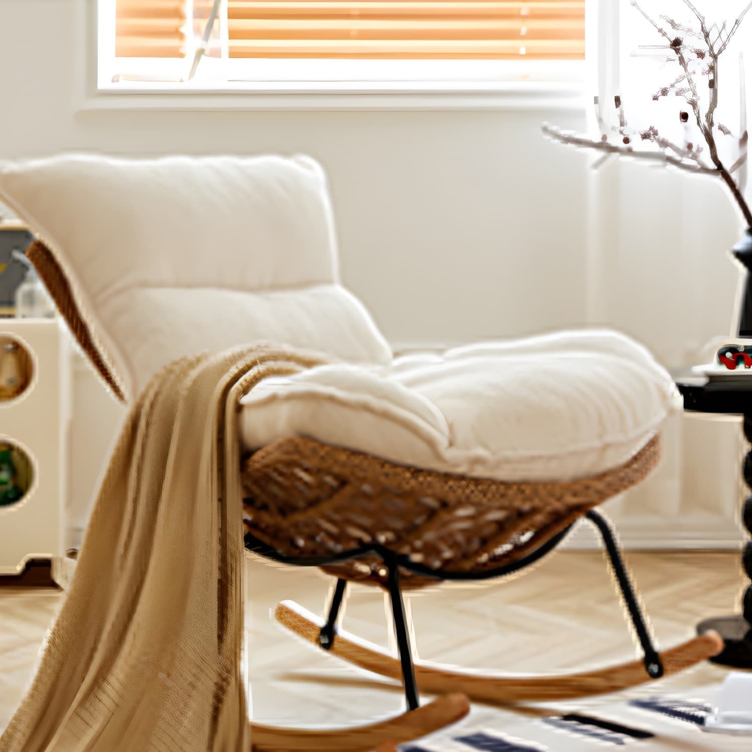 Traditional Armless Design Indoor Rocking Chair with rattan Frame and Nature Wood Legs thumbnail 24