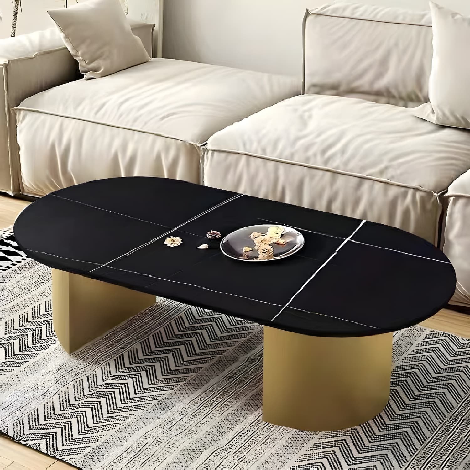 Modern Oval Stone Coffee Table with Double Pedestal Base for Living Room thumbnail 5