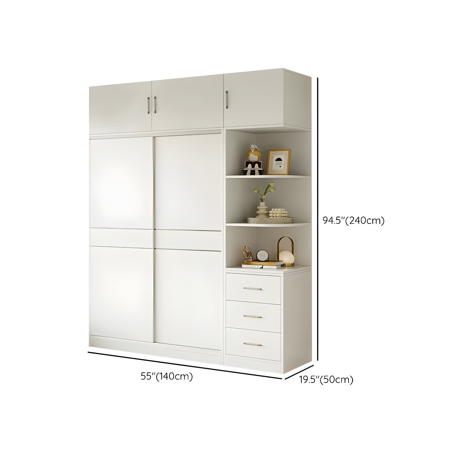 Modern White Wood Wardrobe Armoire with Sliding Doors, Shelves, and Soft Close Drawers thumbnail 31
