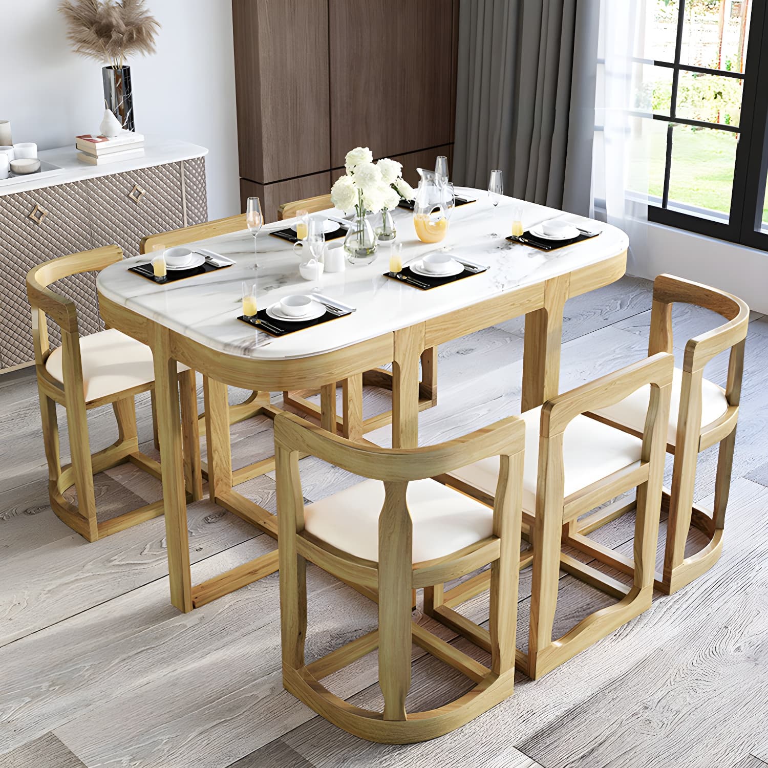 7-Piece Modern Wood Dining Set with Trestle Base and Upholstered Chairs in White - Seats 6 thumbnail 19