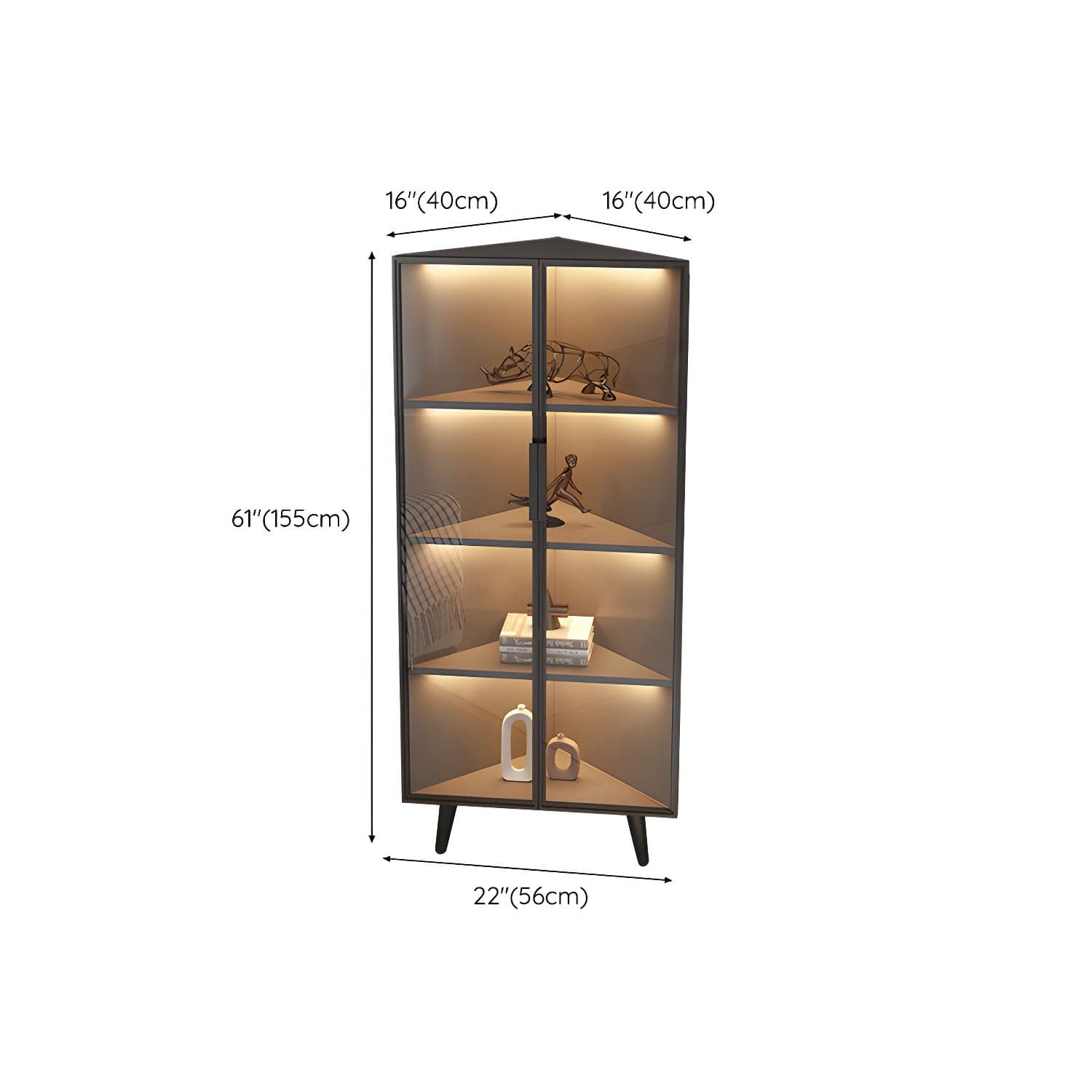 Corner Modern Accent Cabinet with Black Metal Base and Glass Doors, Black Wood Counter Top thumbnail 14