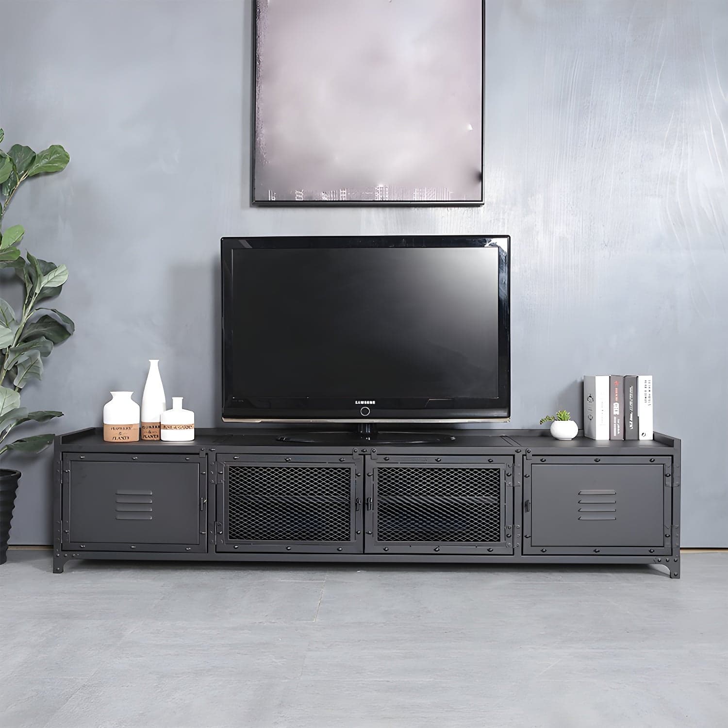Industrial Style Metal TV Stand Black Colour Enclosed Storage TV Console with Cabinet thumbnail 1