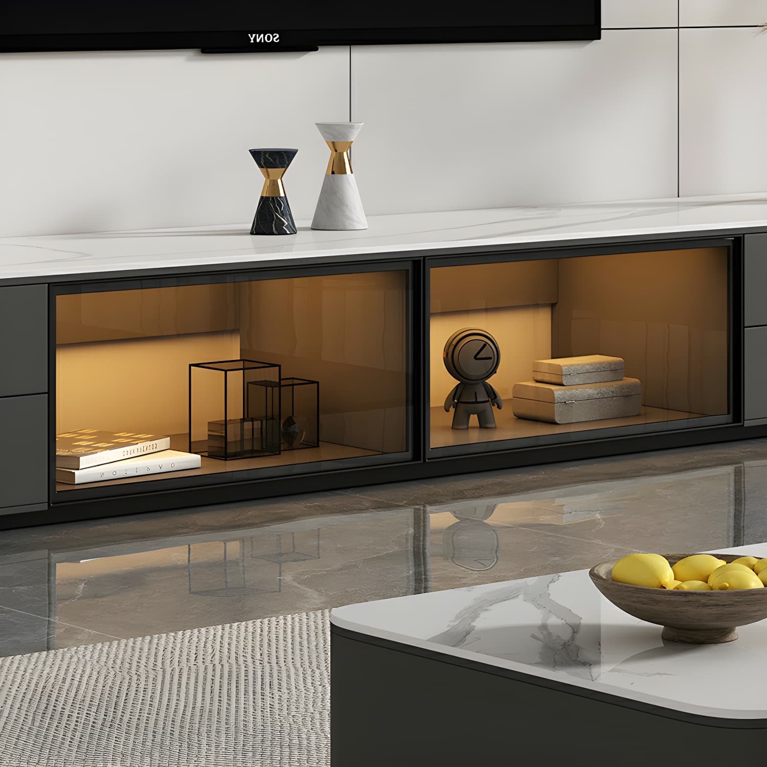 Grey Stone TV Stand with Drawers and Cabinet and No Cable Management for Modern-Style Long TVs thumbnail 6