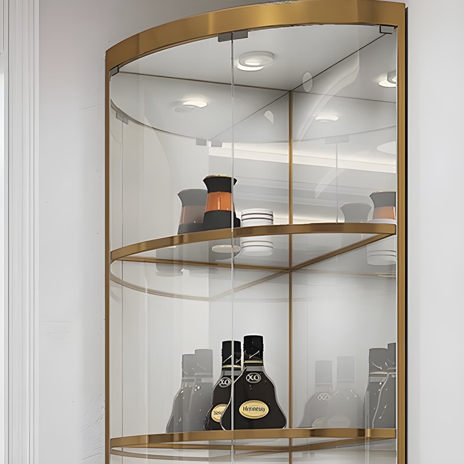 Corner Modern Accent Cabinet with Wood Counter Top, Glass Doors, and Metal Base thumbnail 10