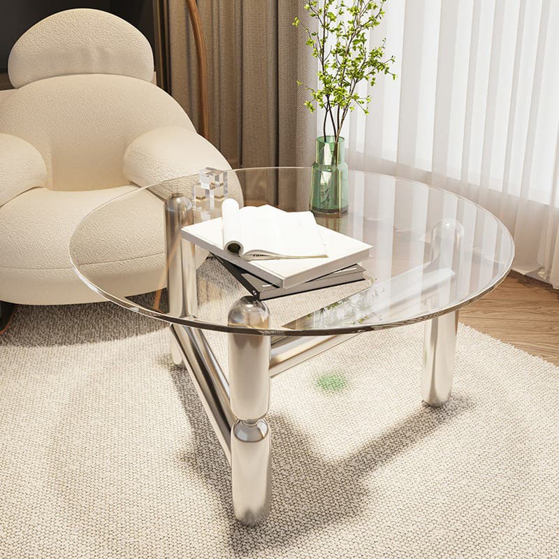 Sleek Silver Stainless Steel Coffee Table with Tempered Glass Top thumbnail 3