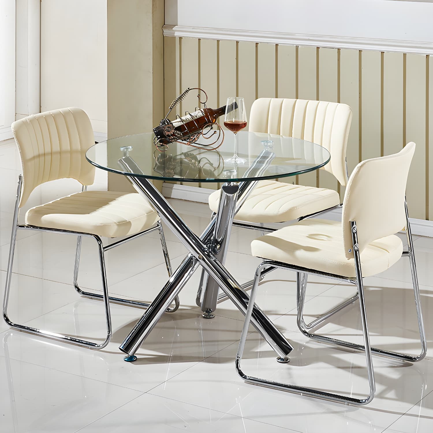 Modern Glass Round Dining Set with Three-Leg Metal Base - Clear, 36-inch Table thumbnail 6