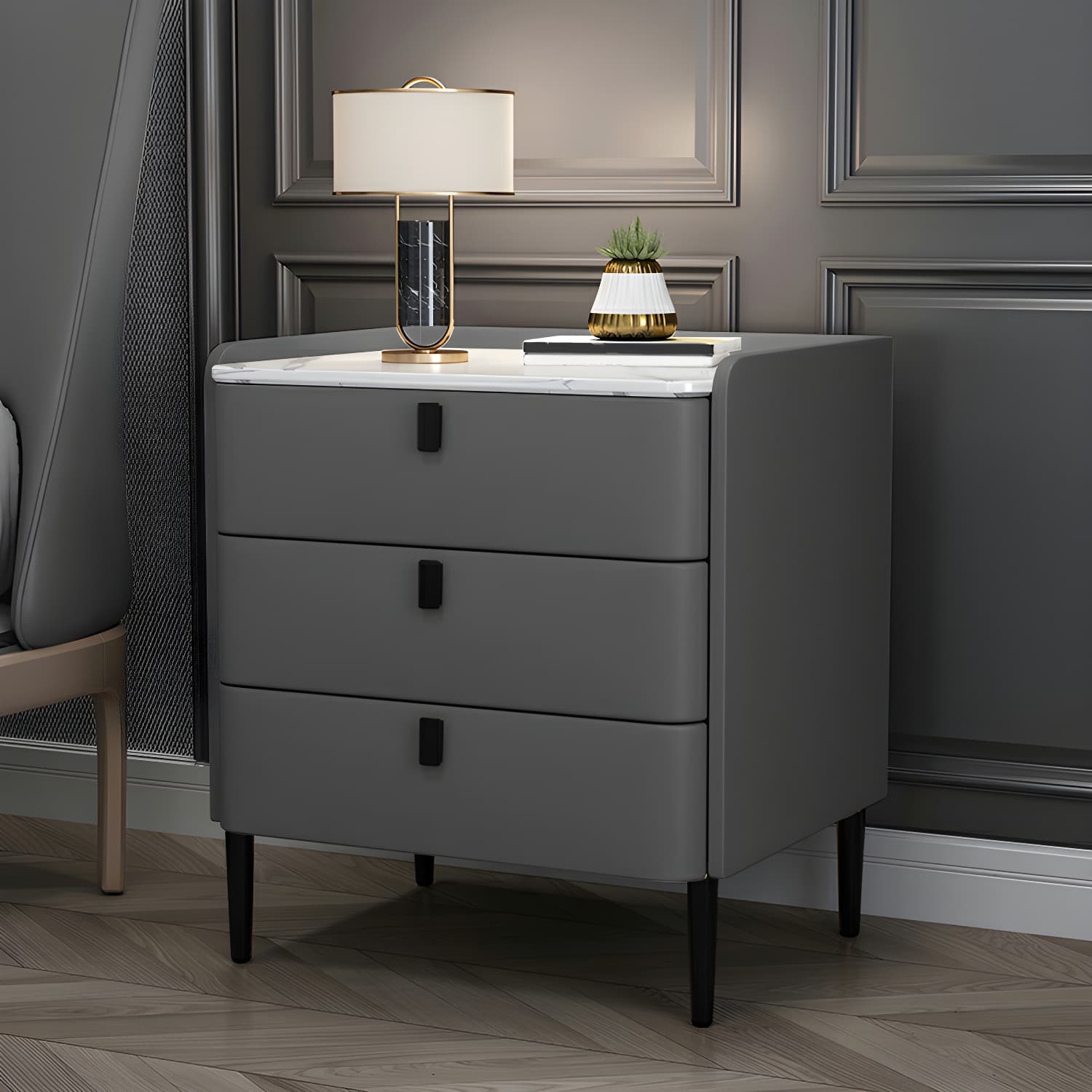 Glam Style Sintered Stone Top Drawer Storage Nightstand for Bedroom thumbnail 8