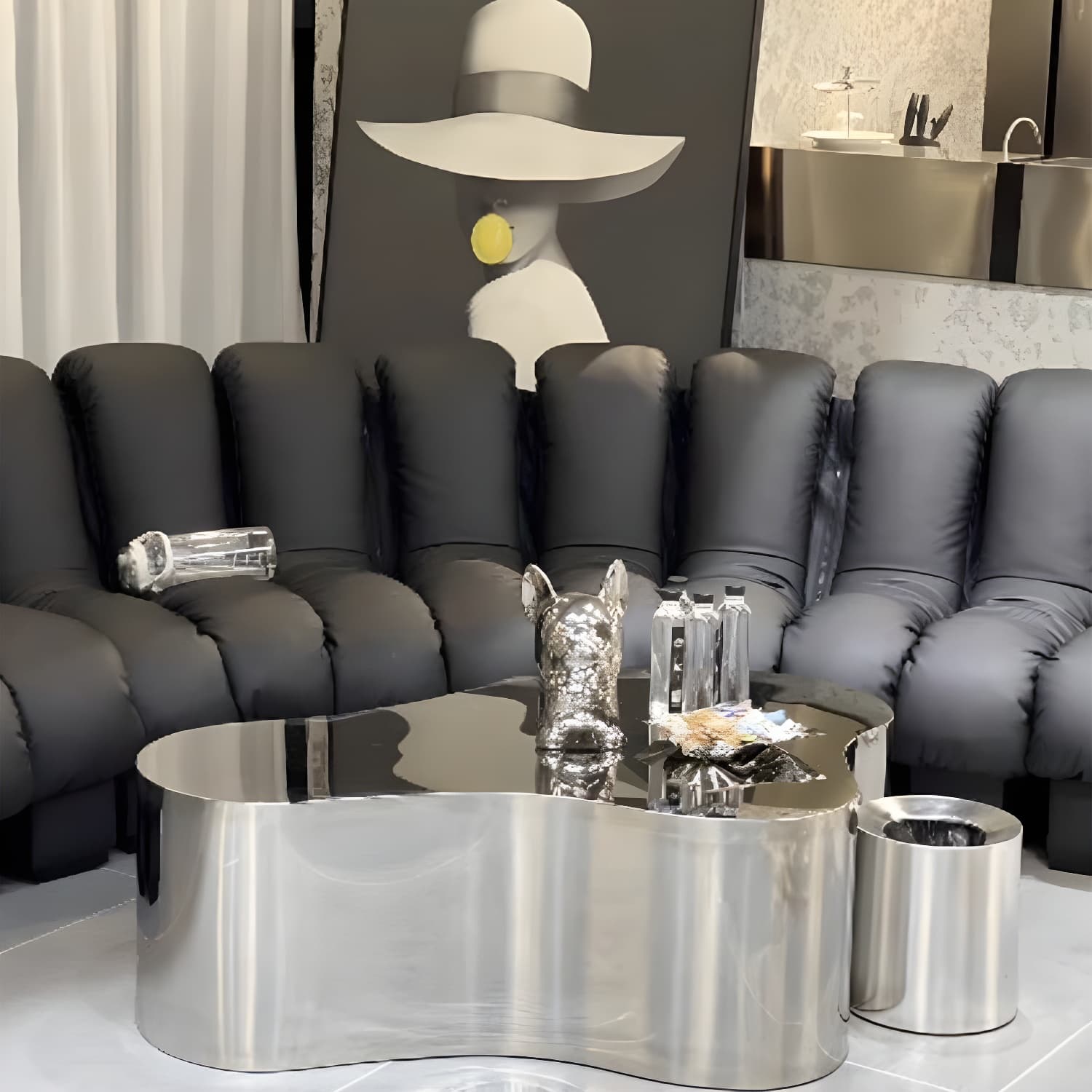 Silver Modern Coffee Table with Free Form Metal Top and Abstract Stainless Steel Base thumbnail 5