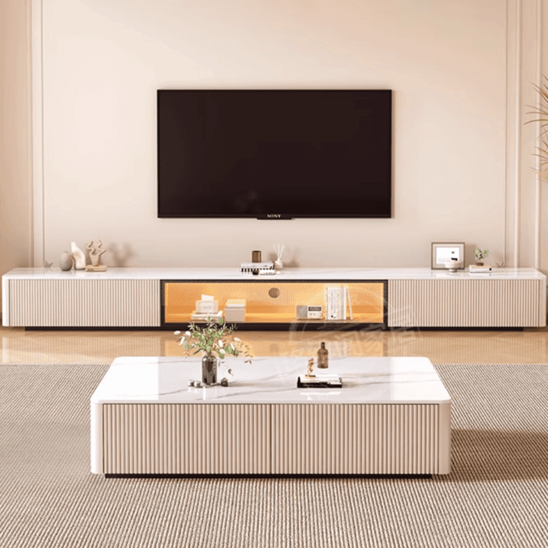 Modish Sintered Stone TV Stand with 2-Drawer, Cabinet & Cable Management Living Room thumbnail 5