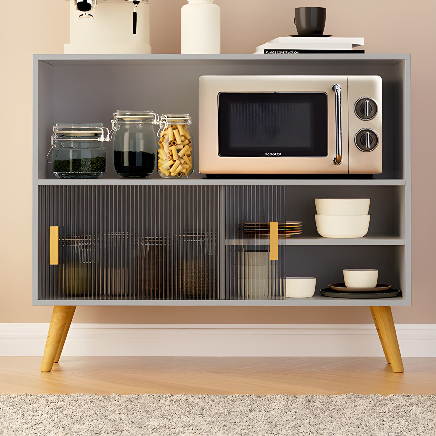 Scandinavian Wood Buffet Table with Acrylic Sliding Doors and Cabinet thumbnail 2