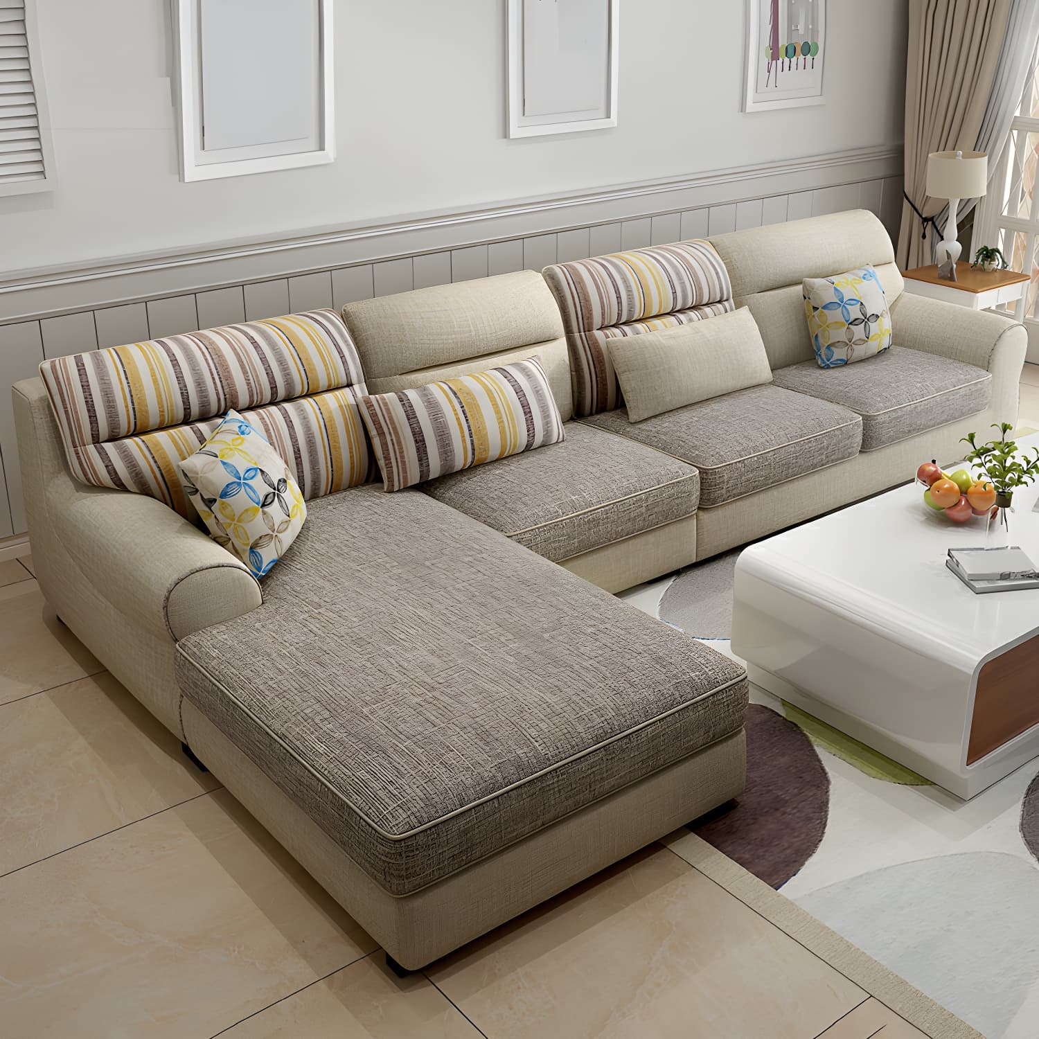 Large Modern L-Shape Stationary Wood Sectional Sofa with Round Arm and Cushion Back thumbnail 14