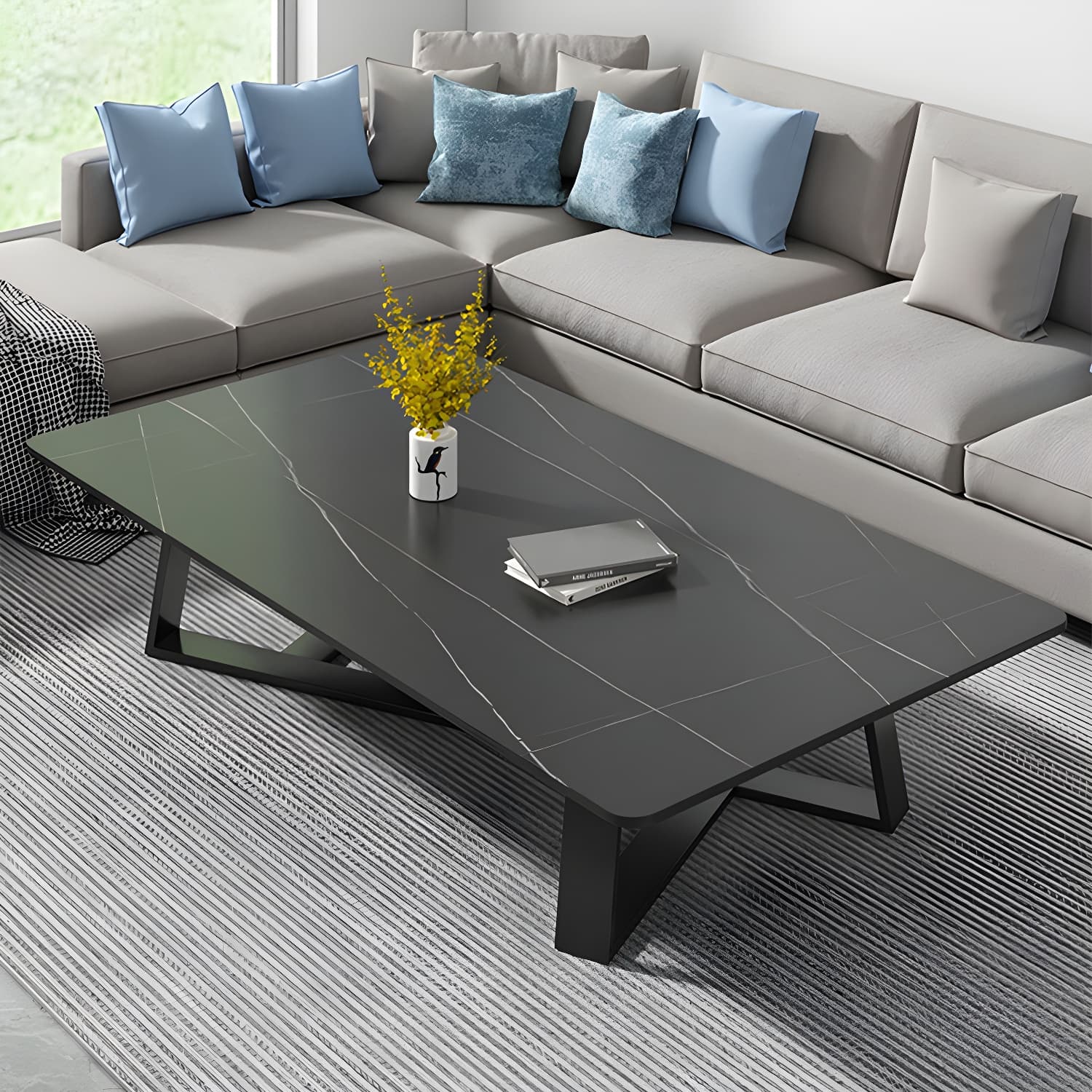 Stone and Metal Coffee Table Contemporary Coffee or End Table with Cross Legs thumbnail 6