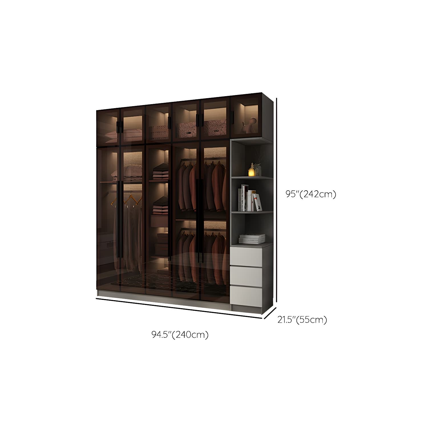 Modern Glass Hinged Doors Wardrobe Armoire Wood Frame Wardrobe with Shelves without Light thumbnail 33