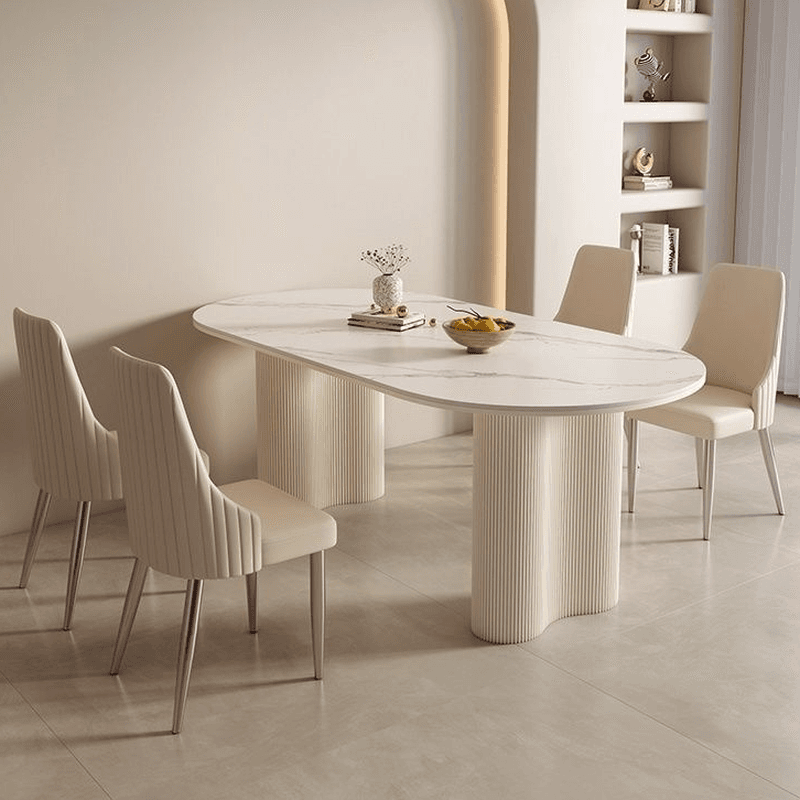 Modern Simple Style Oval Slate Dining Table Set with Dual Footing, Solid Back Panel in Chalk Color thumbnail 3