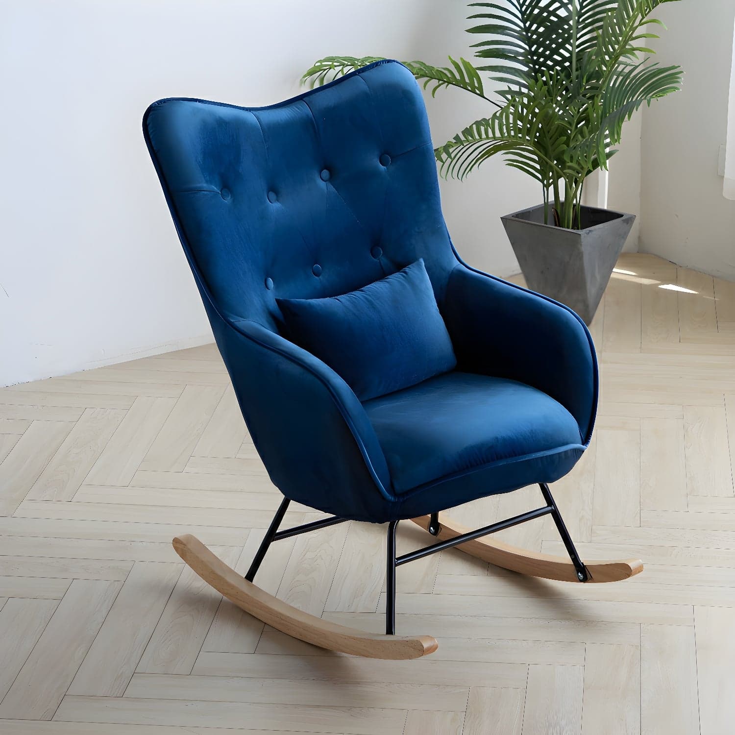 Stylish Modern Upholstered Rocking Chair with Natural Wood Legs and Tufted Back Cushion thumbnail 2