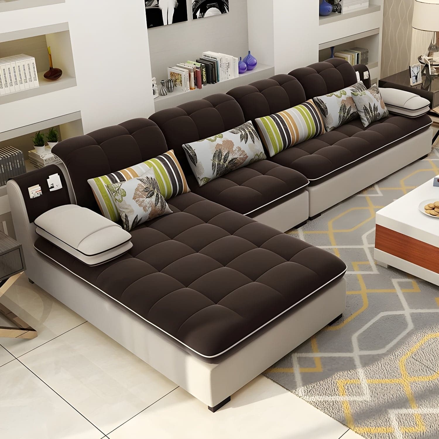 Modern Wood Frame L-Shaped Stationary Sofa Chaise with Adjustable Headrest and Storage Included thumbnail 2