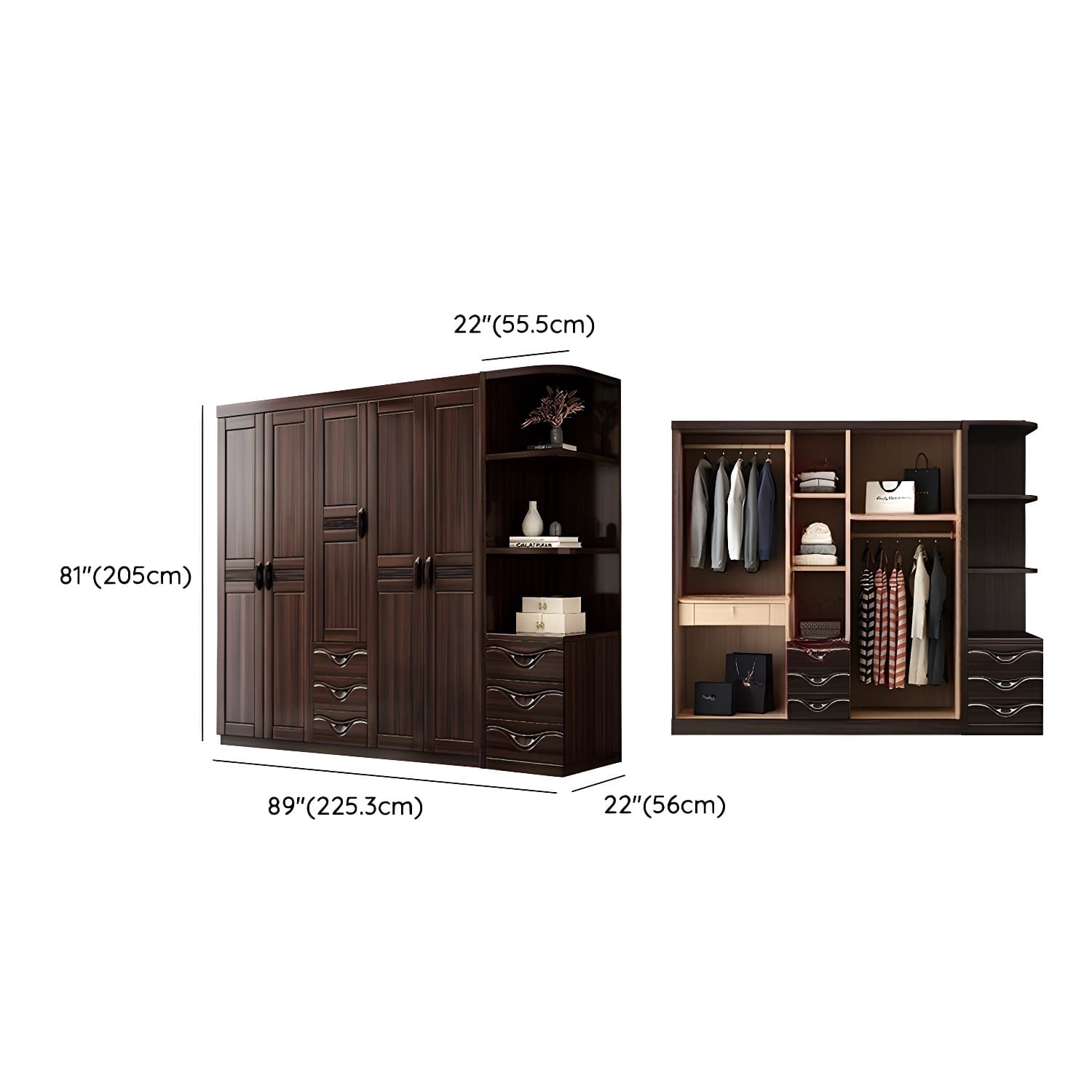 Traditional Black-brown Storage Wood Wardrobe with Clothing Rod and Shelves thumbnail 15