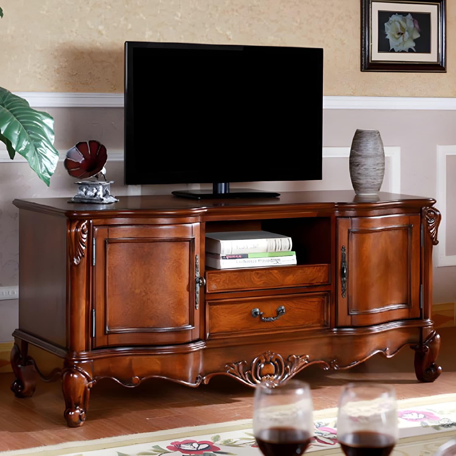 Brown Wooden TV Stand Console Traditional Style Home TV Cabinet with Drawers thumbnail 4