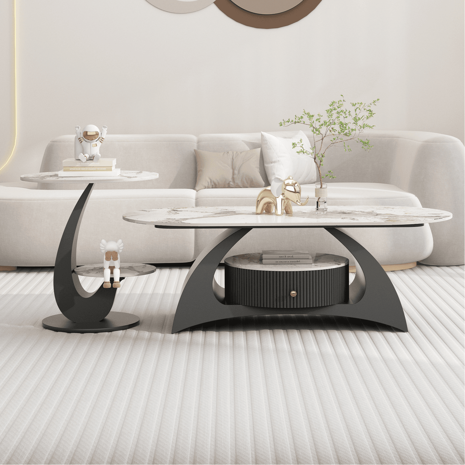 Mission Style Single/Bunching Slate Top Abstract Base White Oval Board Game Coffee Table with 1 Drawer thumbnail 4