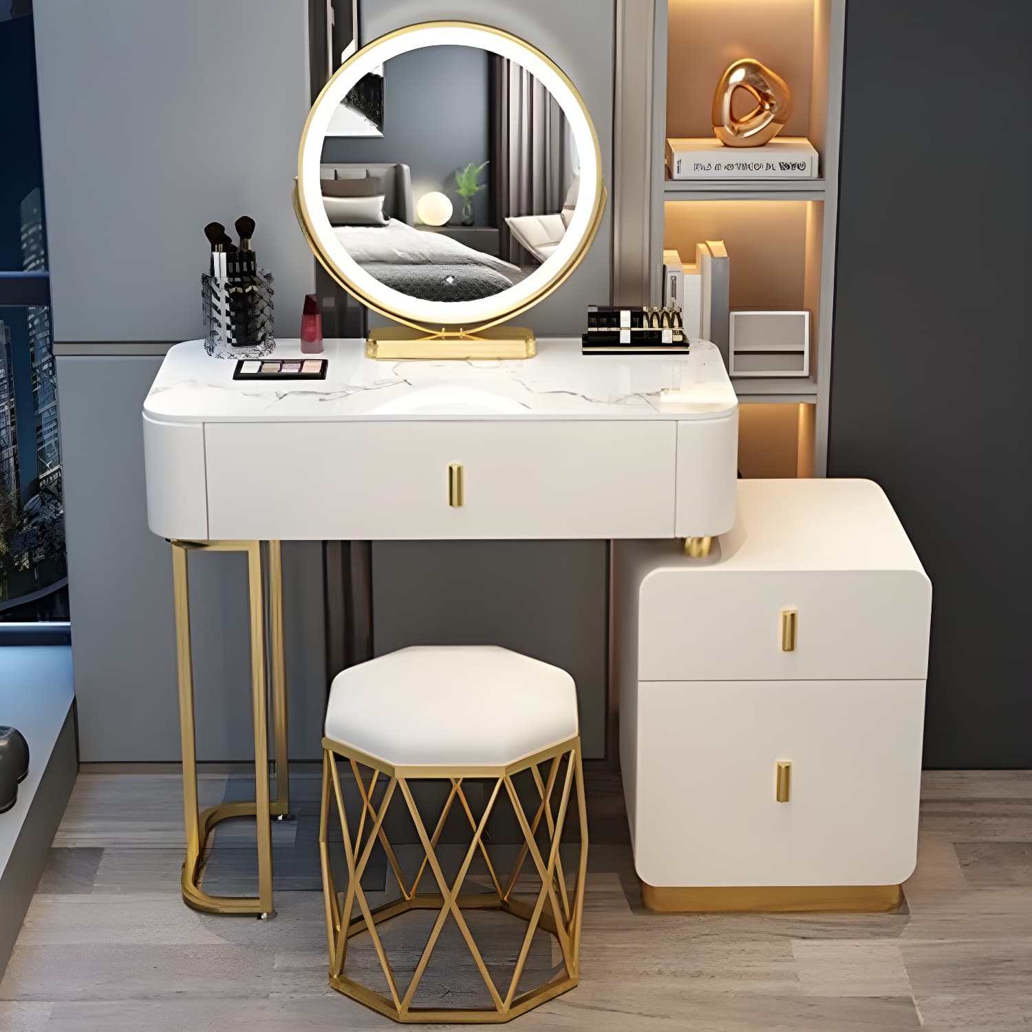 Modern Stone Top Makeup Vanity Desk with Solid Wood Storage Drawers thumbnail 5
