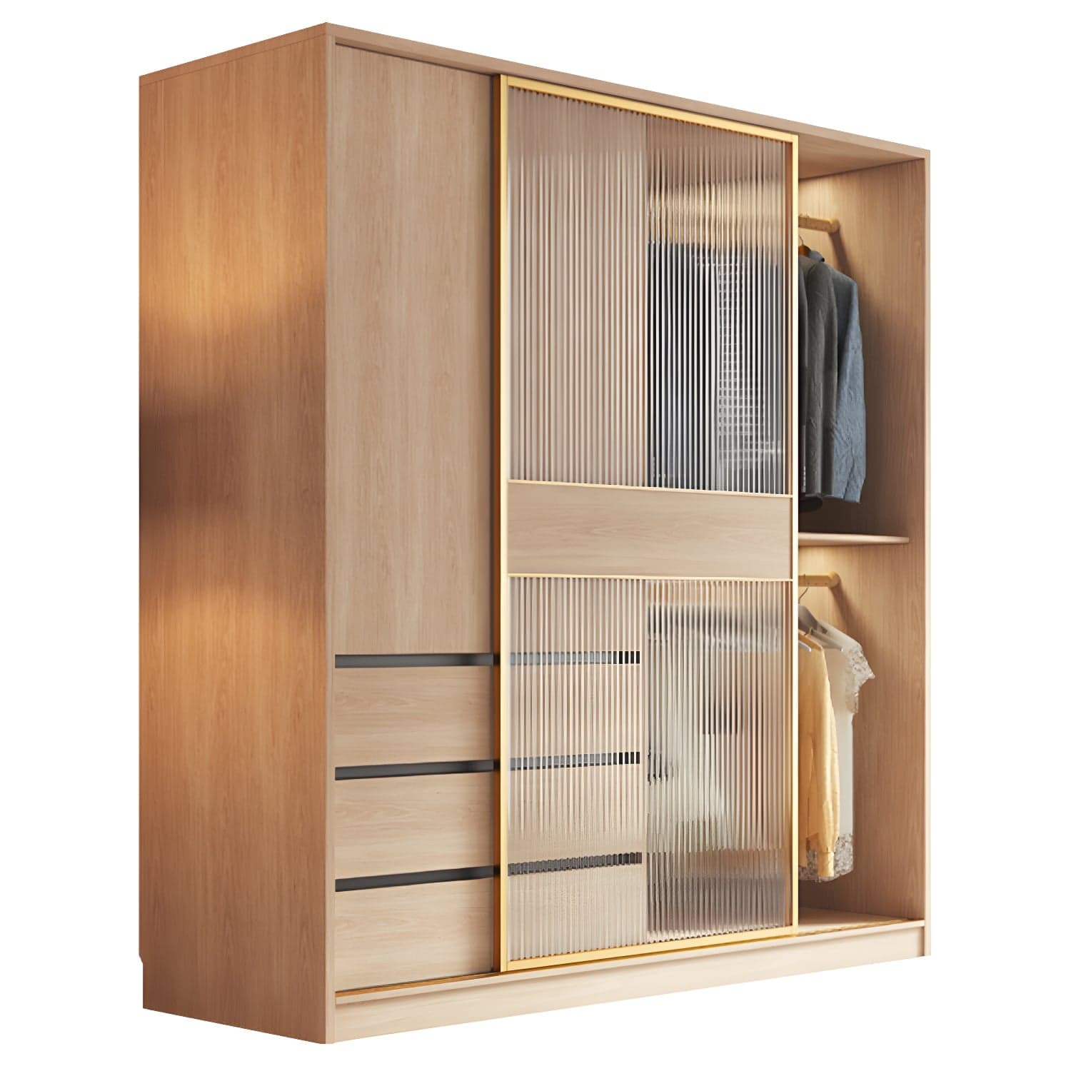 Contemporary Glass Sliding Doors Wardrobe Natural Wood Wardrobe with Drawers thumbnail 5