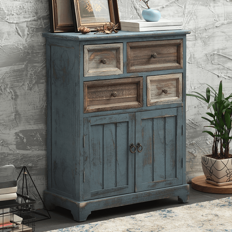 Industrial Detached Utility Cabinet with Distressed Wood and 4 Drawers Featuring Loop Pulls thumbnail 4