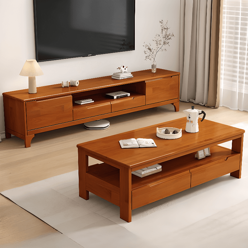 Modish Pine Wood TV Stand with Shelf, 2 Drawers, 2 Cabinets, and Unenclosed Storage thumbnail 4