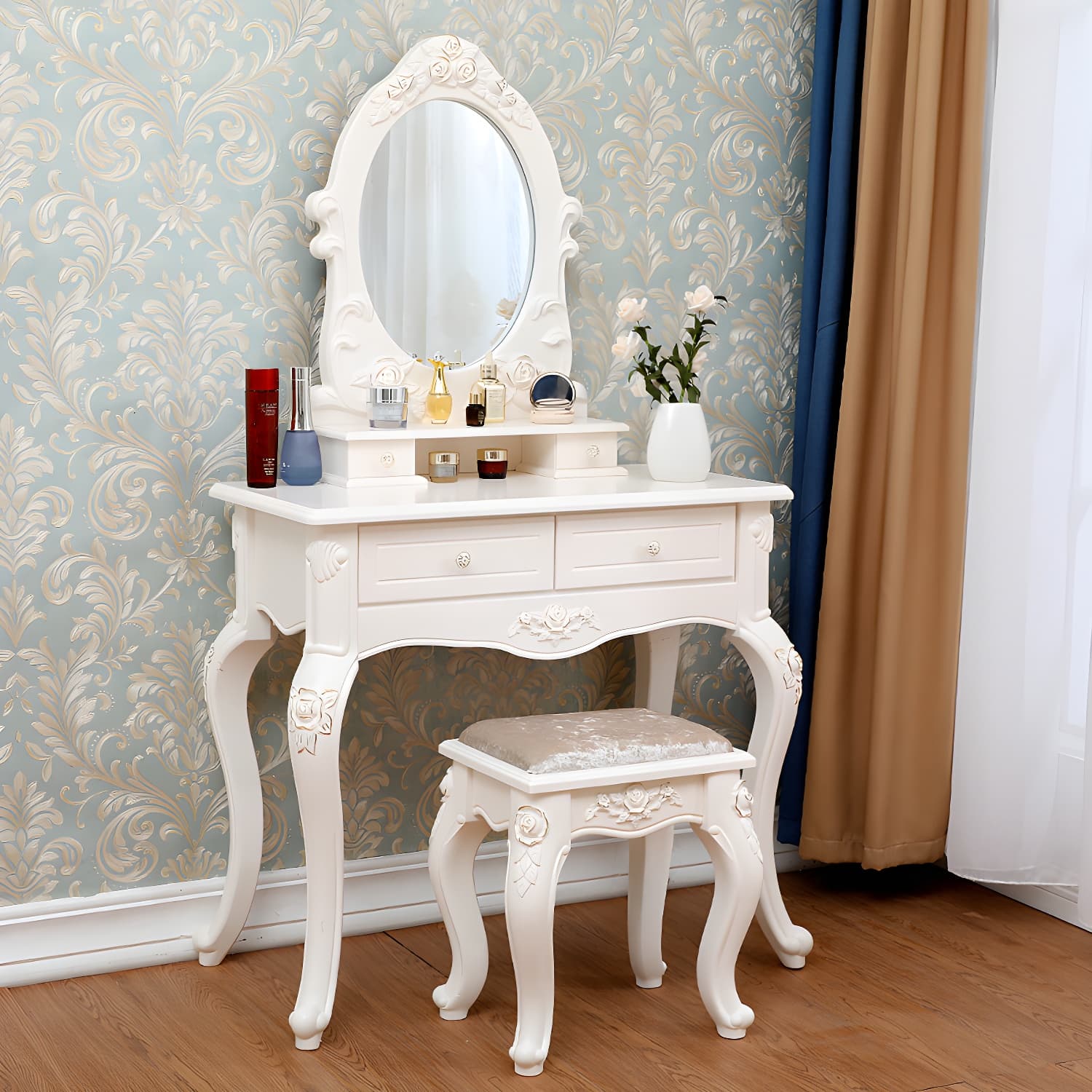 Victorian Bedroom With Drawer Mirror Solid Wood Makeup Vanity Set thumbnail 3