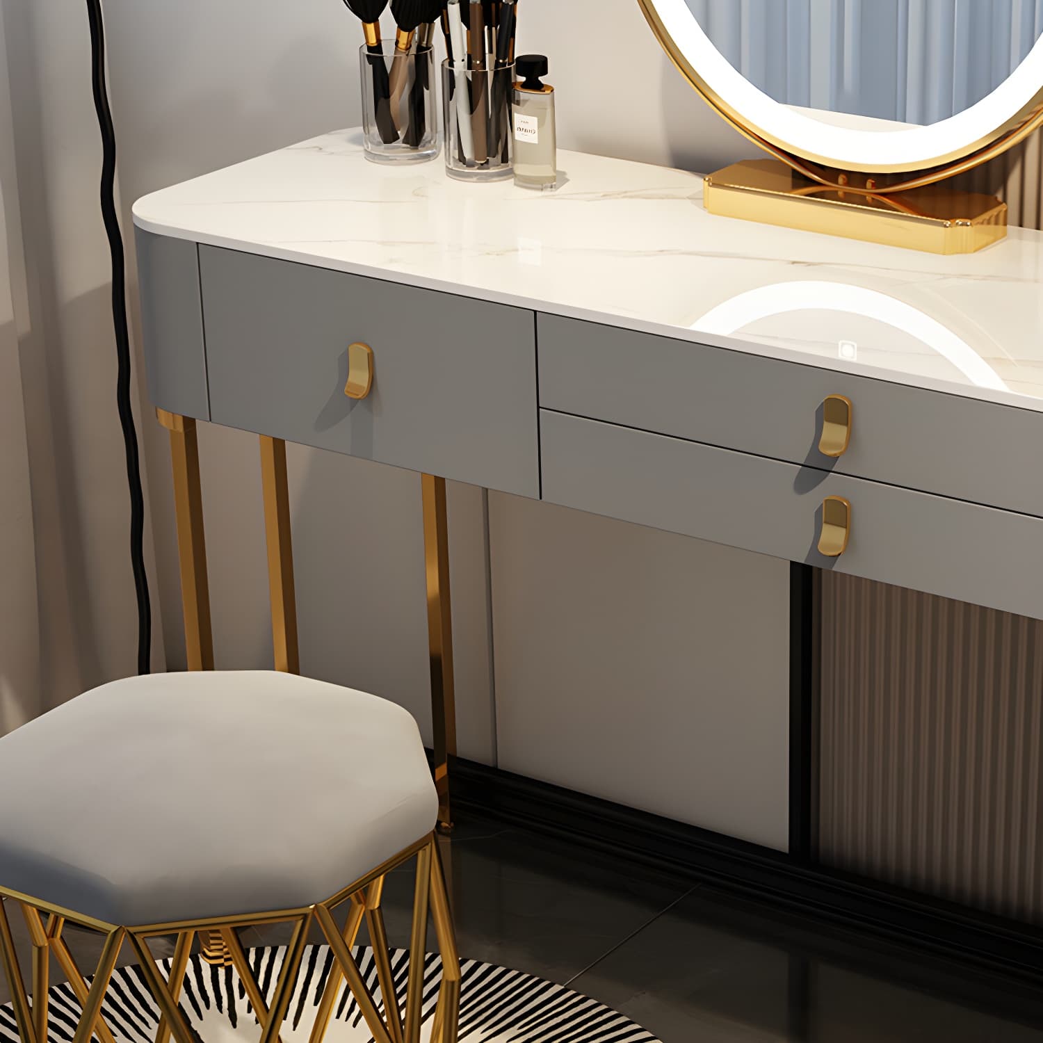 Contemporary Make-up Vanity with Stone Top and Storage Drawers thumbnail 11