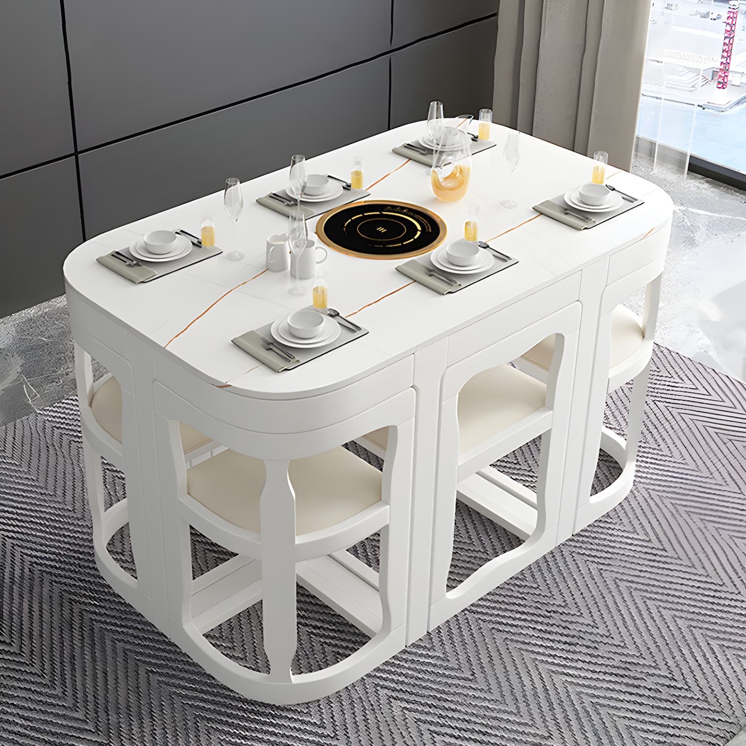 7-Piece Modern Wood Dining Set with Trestle Base and Upholstered Chairs in White - Seats 6 thumbnail 22