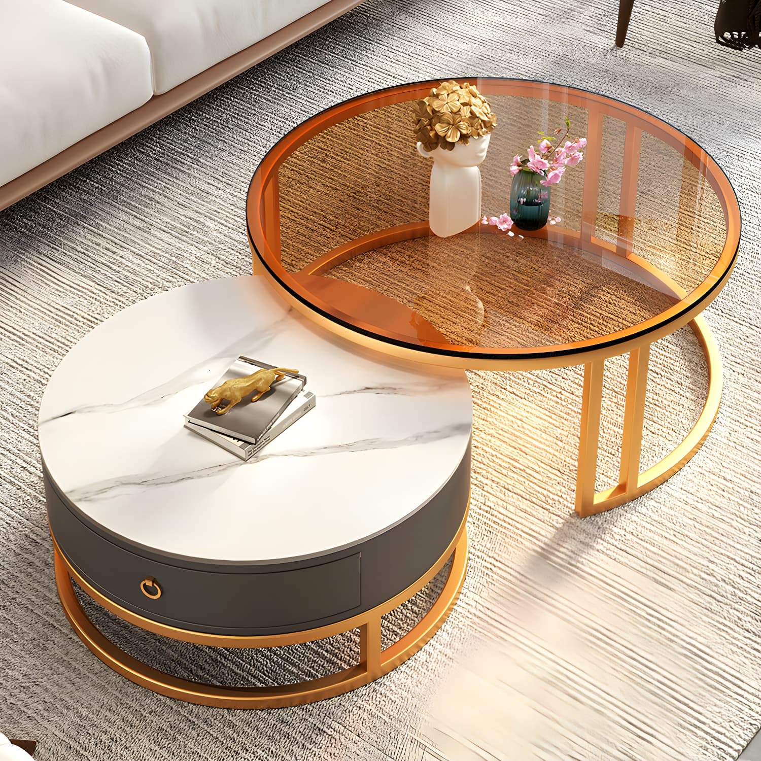 Modern Glass Coffee Cocktail Table Round Nesting Coffee Table Set thumbnail 10