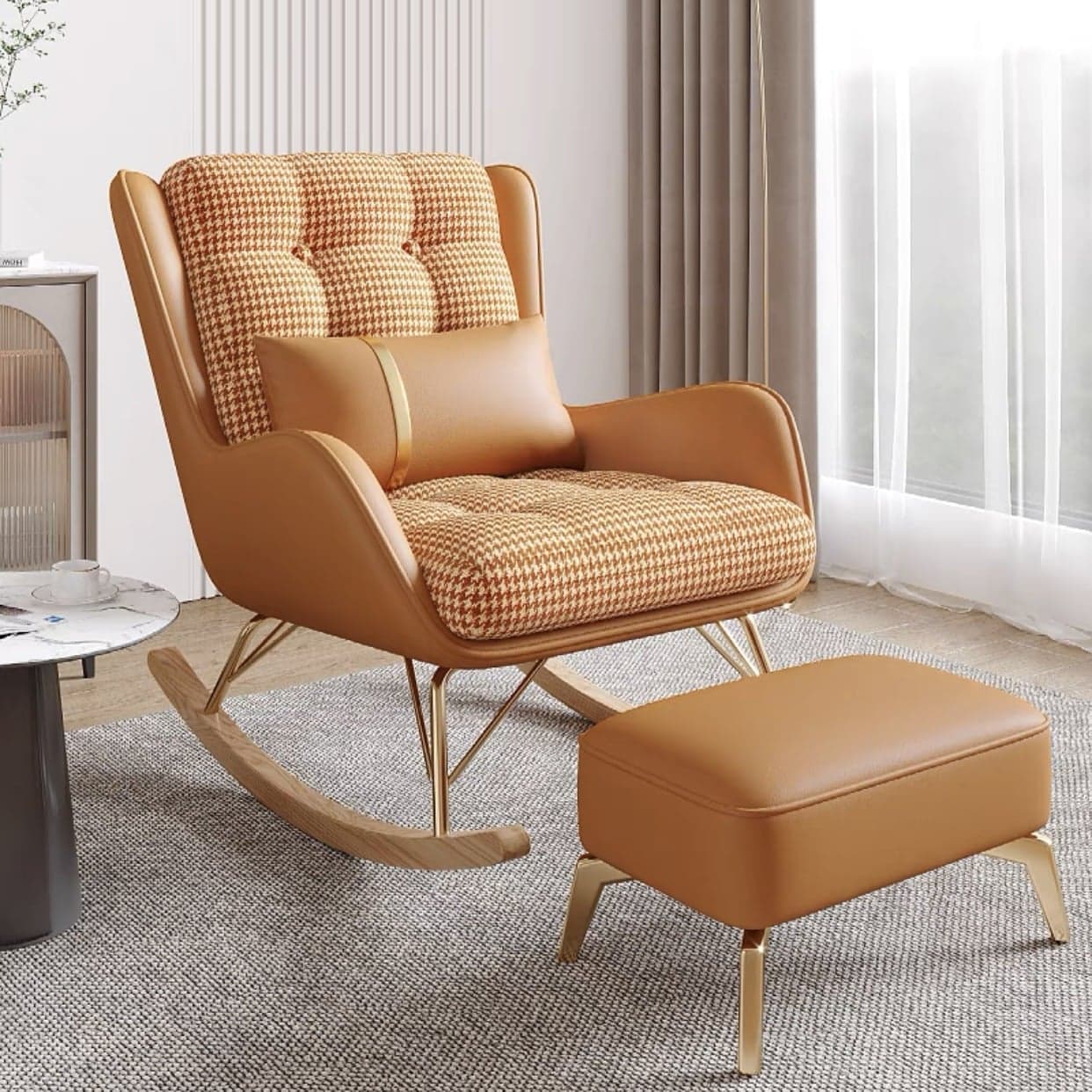 Trendy Cocoa/Lime Green/White Upholstered Rocking Chair Couch 2 Piece Set with Track Arm & Ottoman, Scratch-defiant thumbnail 4