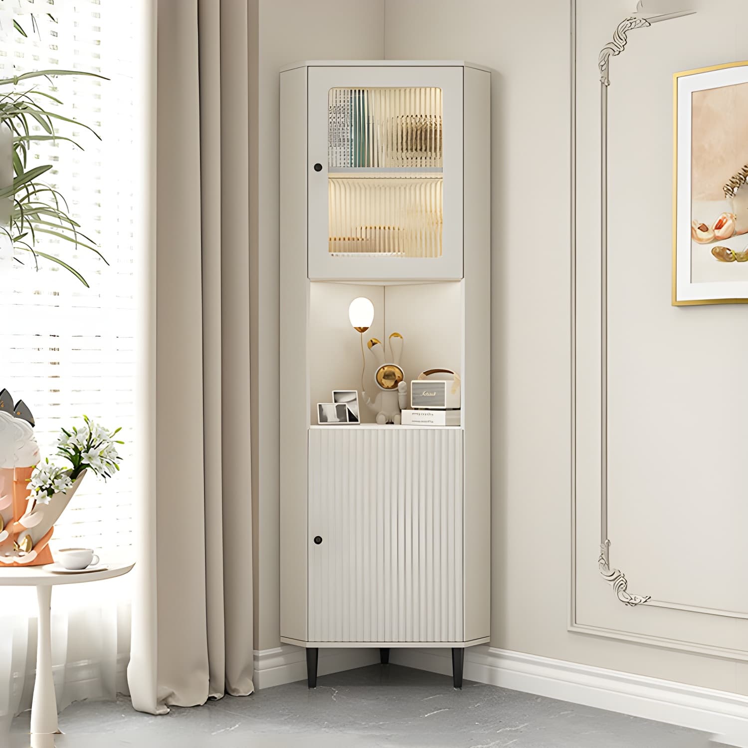 White Corner Modern Accent Cabinet with Stone Countertop, Glass Doors, and Cabinet Included thumbnail 3