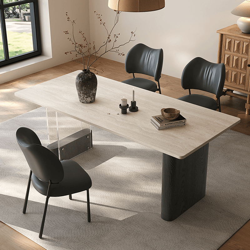 Dining Table Set with Rectangular Slate Stone Top and Two-sided Pedestal, Featuring Padded Chair with Back, 5-piece in Ivory thumbnail 2