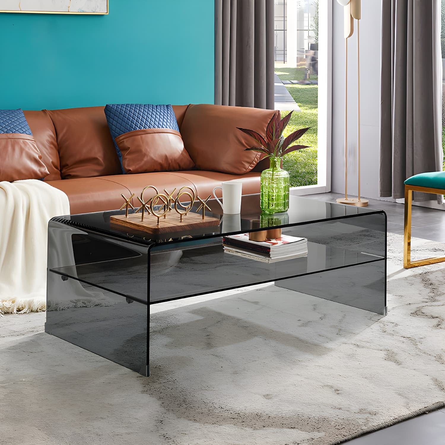 Modern Rectangle Glass Coffee Table Sled Base Cocktail Table with Shelf thumbnail 1
