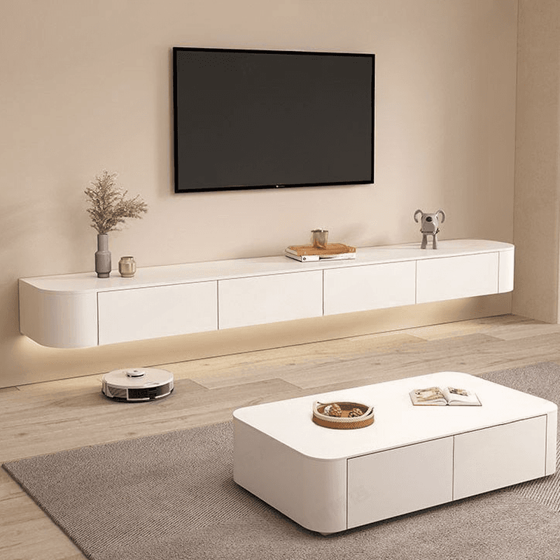 White Wall Hung Art Deco TV Stand with 2 Drawers, 2 Cabinets, and Cable Management thumbnail 2